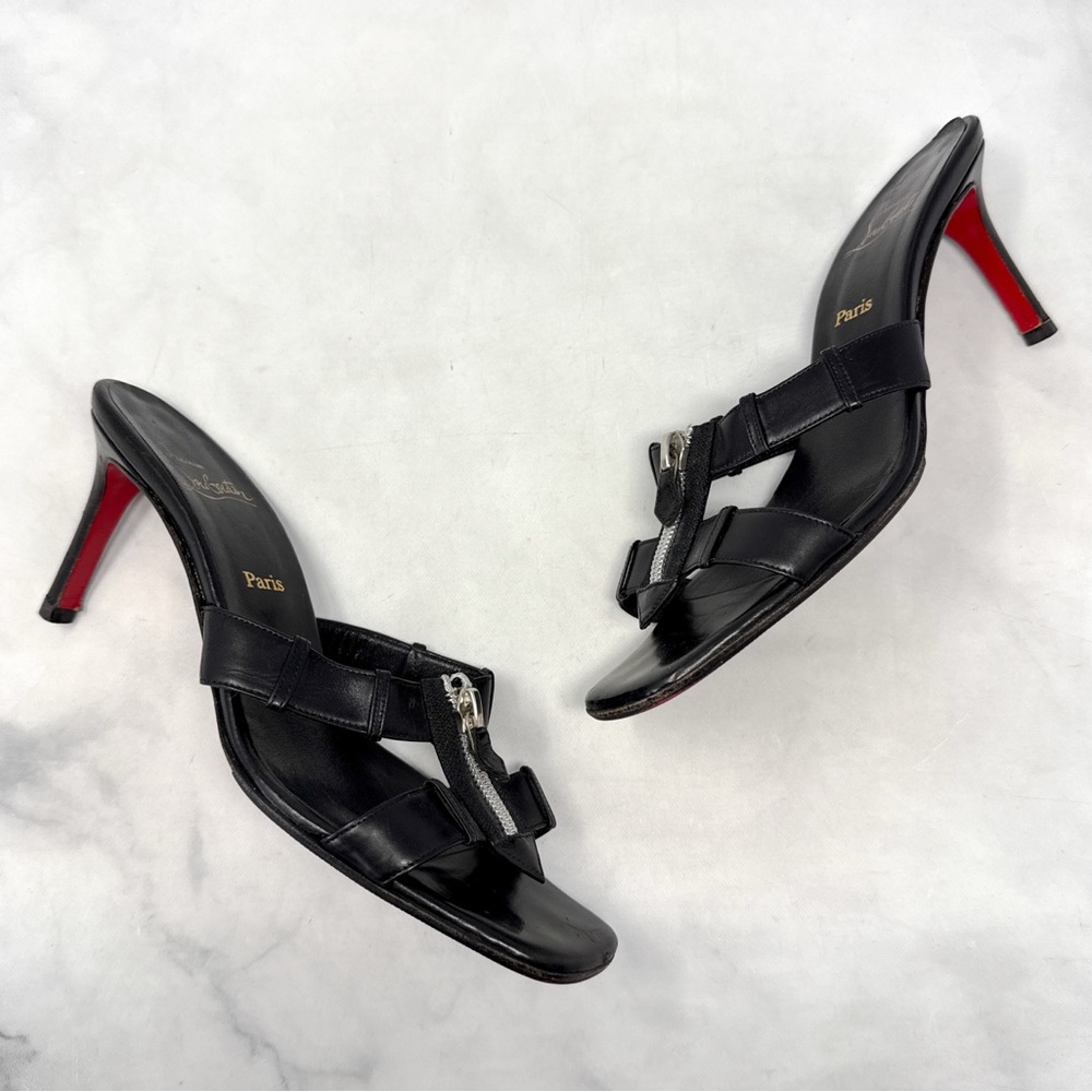 Christian Louboutin Vintage Y2K Leather Zipper Slide Mule Sandal Heel Black 38.5